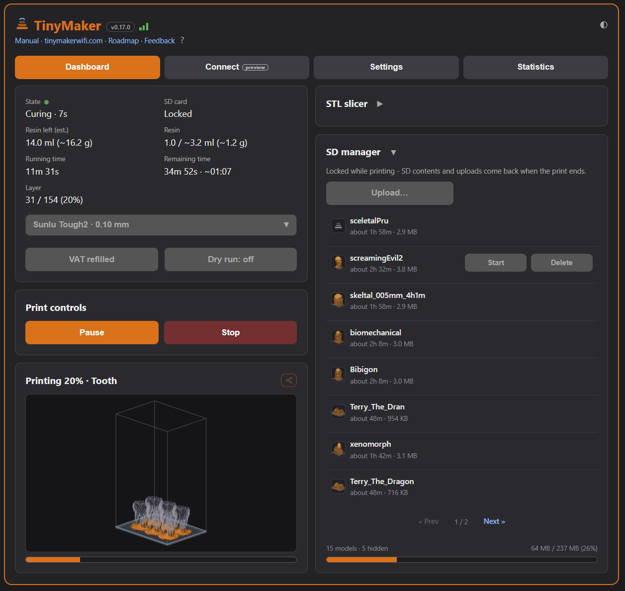 The web dashboard during a print: live status, print controls and a real-time 3D render of the print