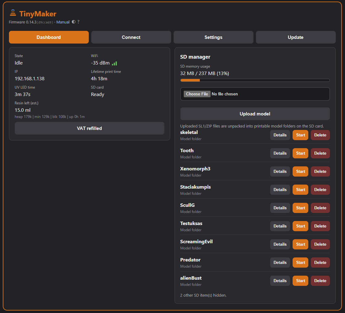 The dashboard on a desktop screen: status card with UV LED time and the Manual link, SD manager with models