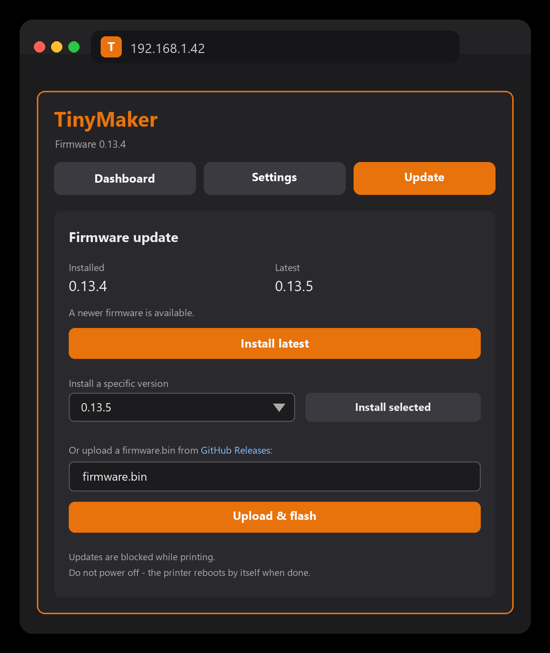 The dashboard Update tab: installed vs latest, install latest, version picker and file upload