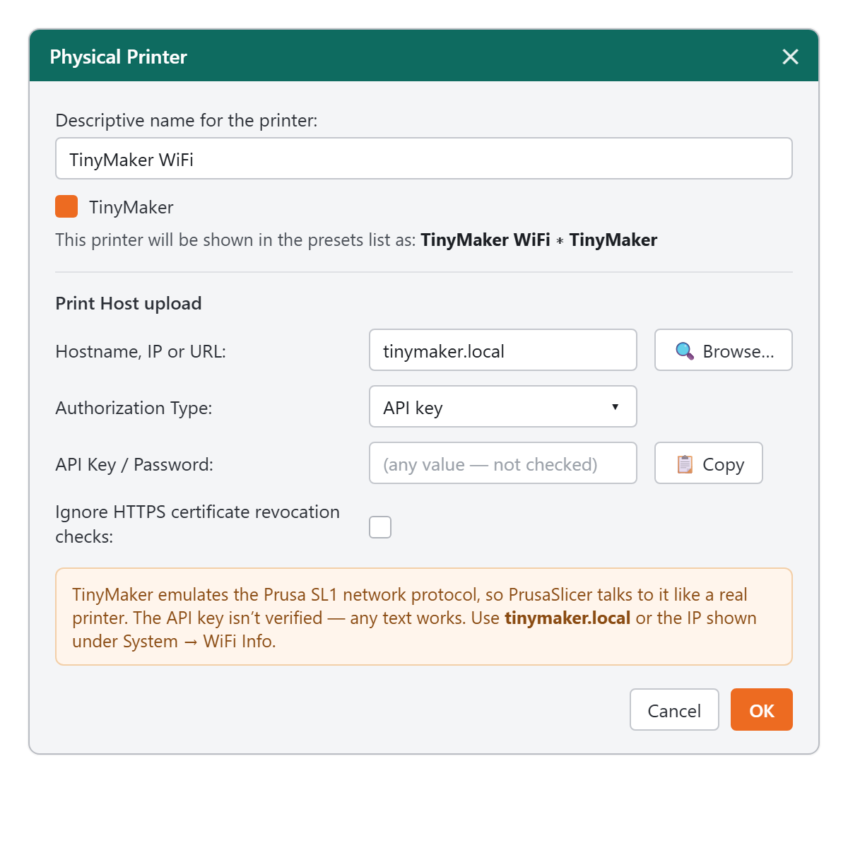 PrusaSlicer: adding a physical printer pointing at tinymaker.local