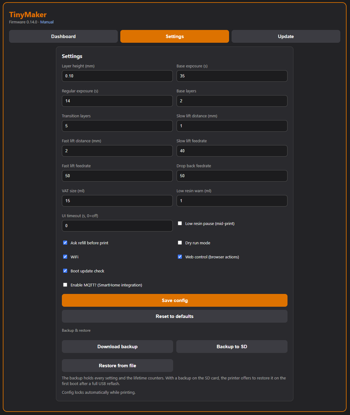 The Settings tab with the Backup & restore buttons: Download backup, Backup to SD, Restore from file